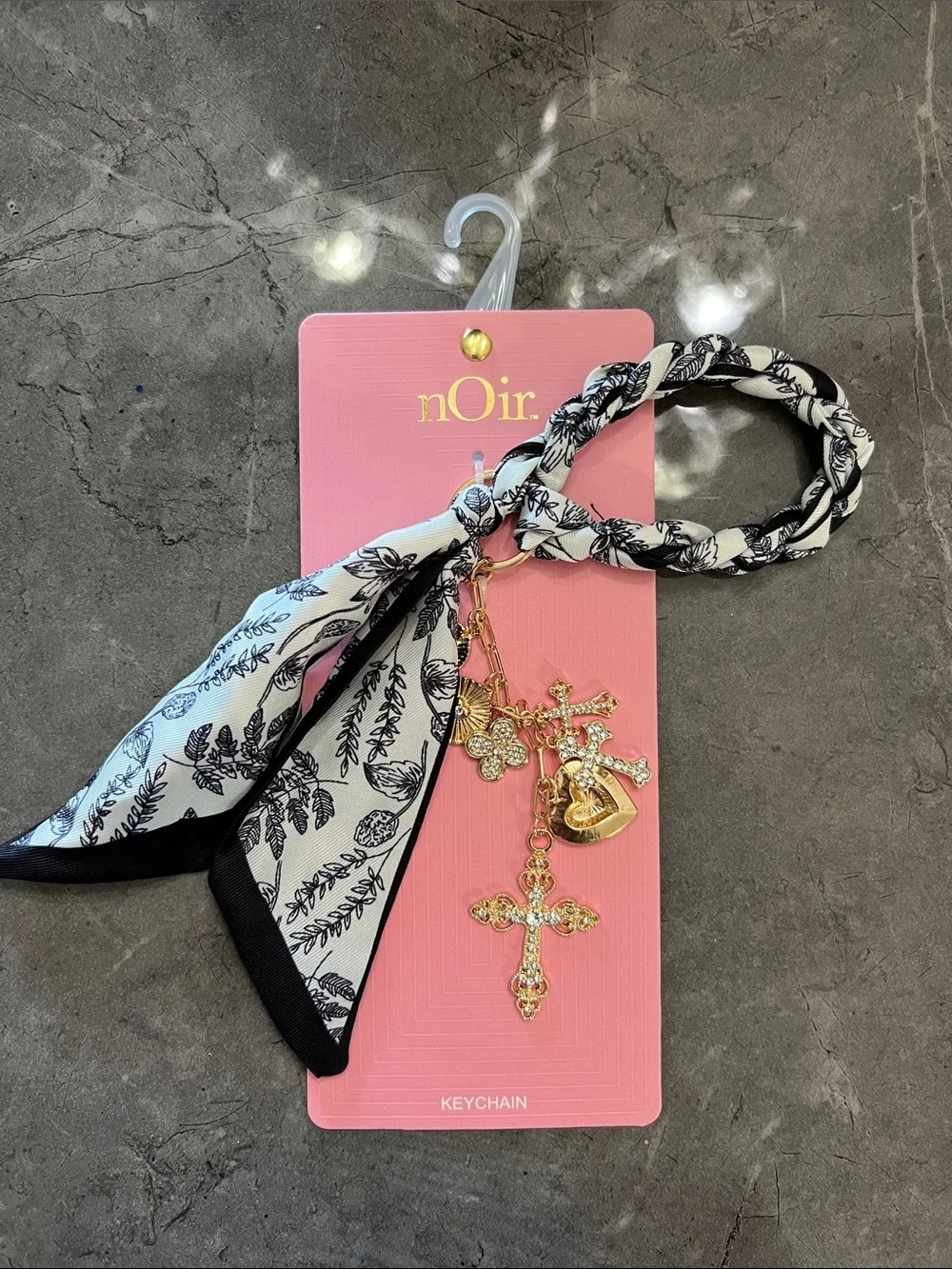 nOir Jewelry Black & White Braided Scarf Keychain with Gold Charms